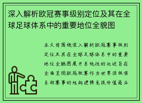 深入解析欧冠赛事级别定位及其在全球足球体系中的重要地位全貌图
