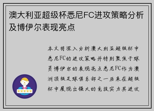 澳大利亚超级杯悉尼FC进攻策略分析及博伊尔表现亮点 澳大利亚超级杯悉尼FC进攻策略分析及博伊尔表现亮点